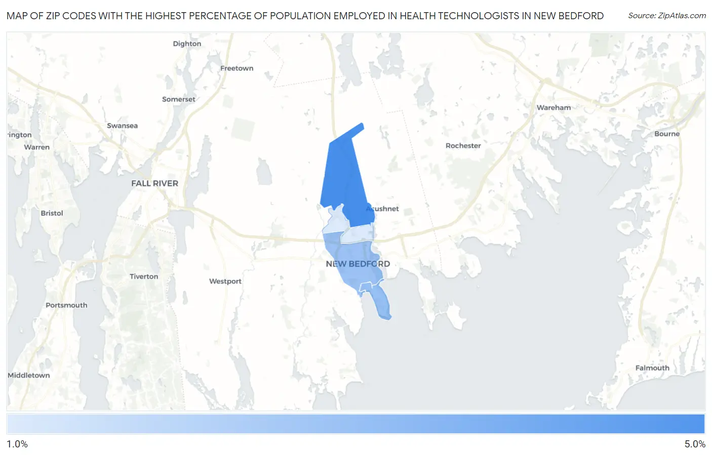 Zip Codes with the Highest Percentage of Population Employed in Health Technologists in New Bedford Map