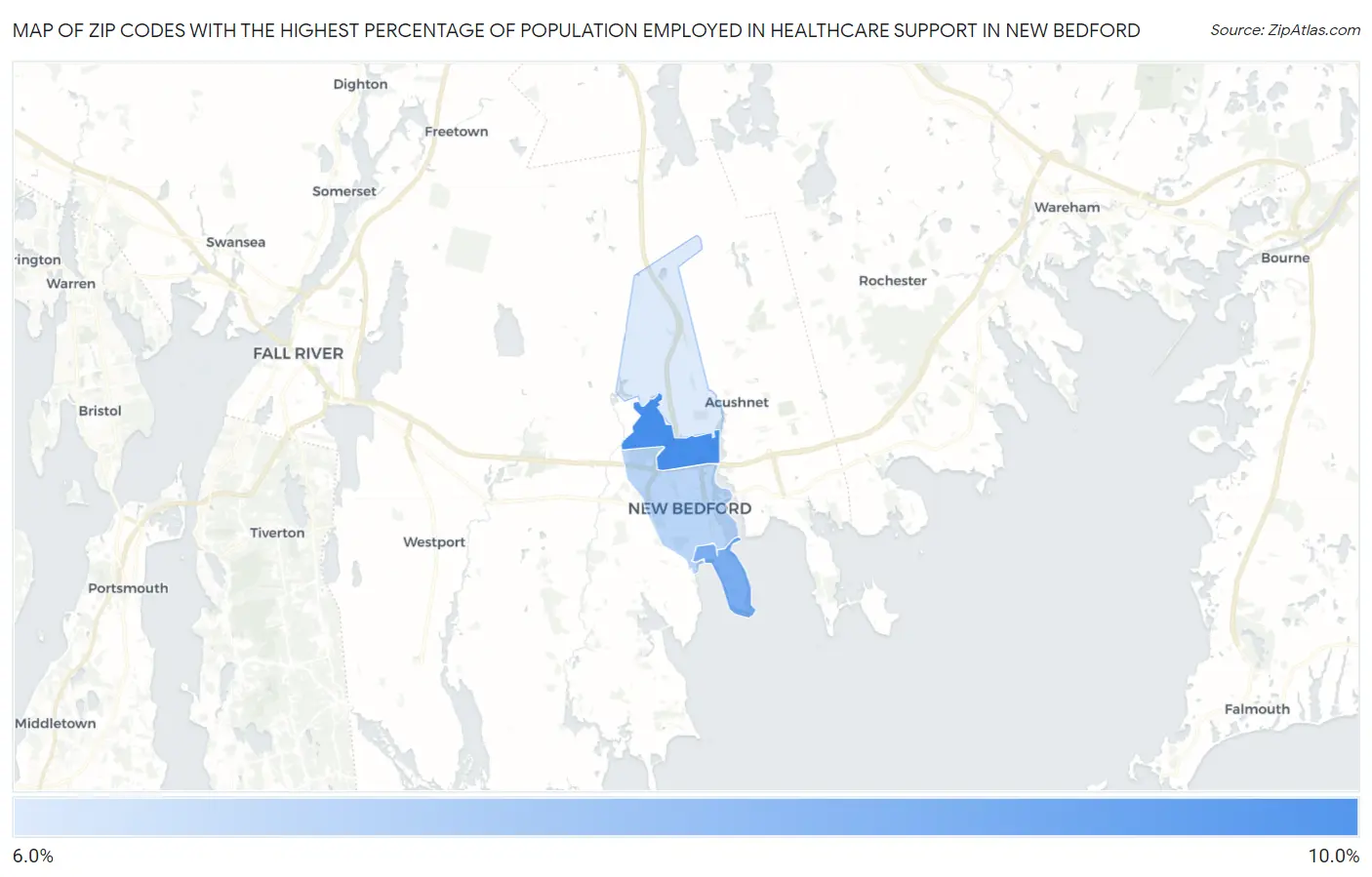 Zip Codes with the Highest Percentage of Population Employed in Healthcare Support in New Bedford Map