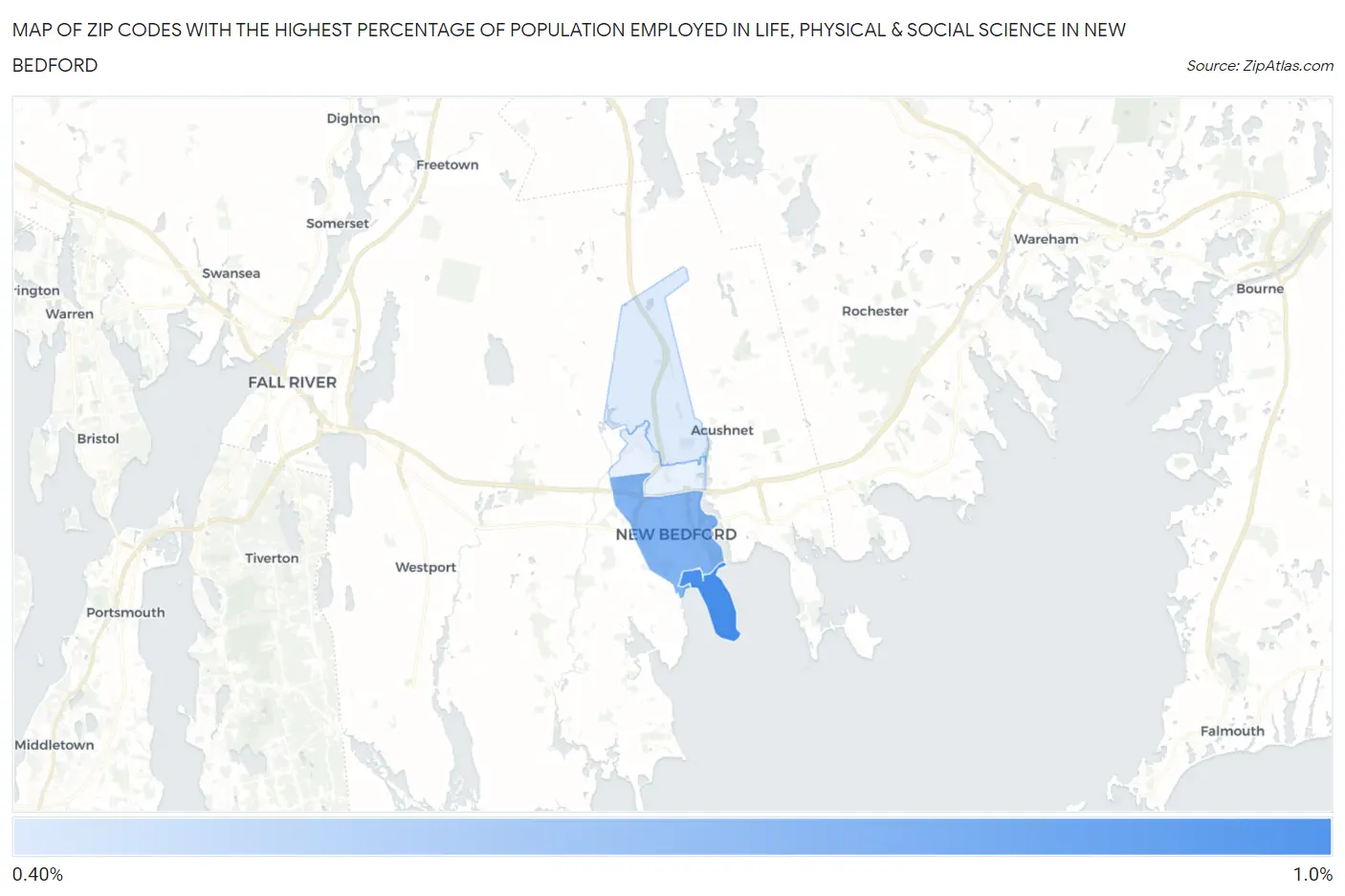 Zip Codes with the Highest Percentage of Population Employed in Life, Physical & Social Science in New Bedford Map