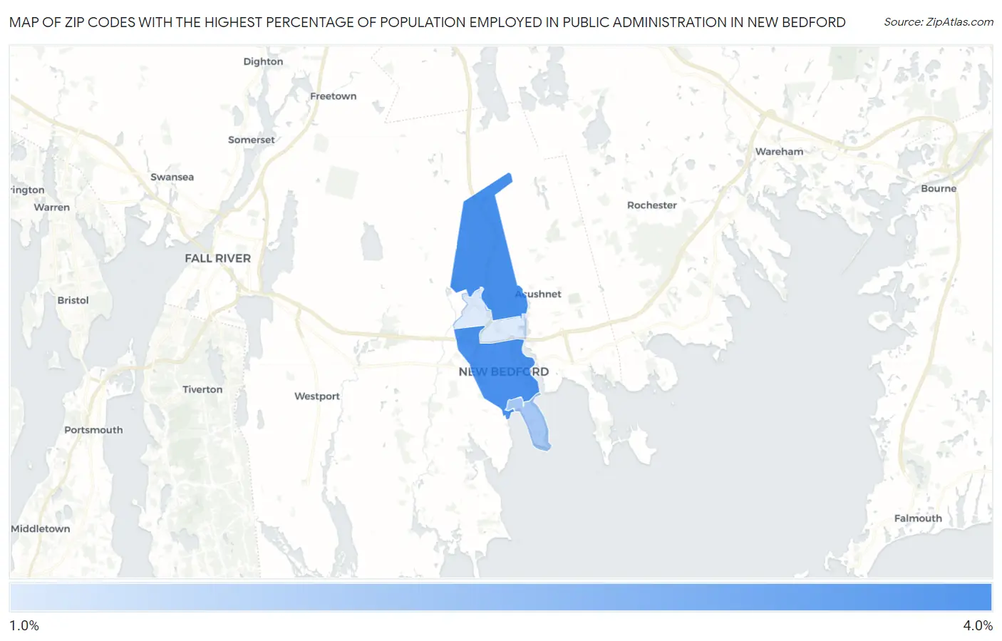 Zip Codes with the Highest Percentage of Population Employed in Public Administration in New Bedford Map