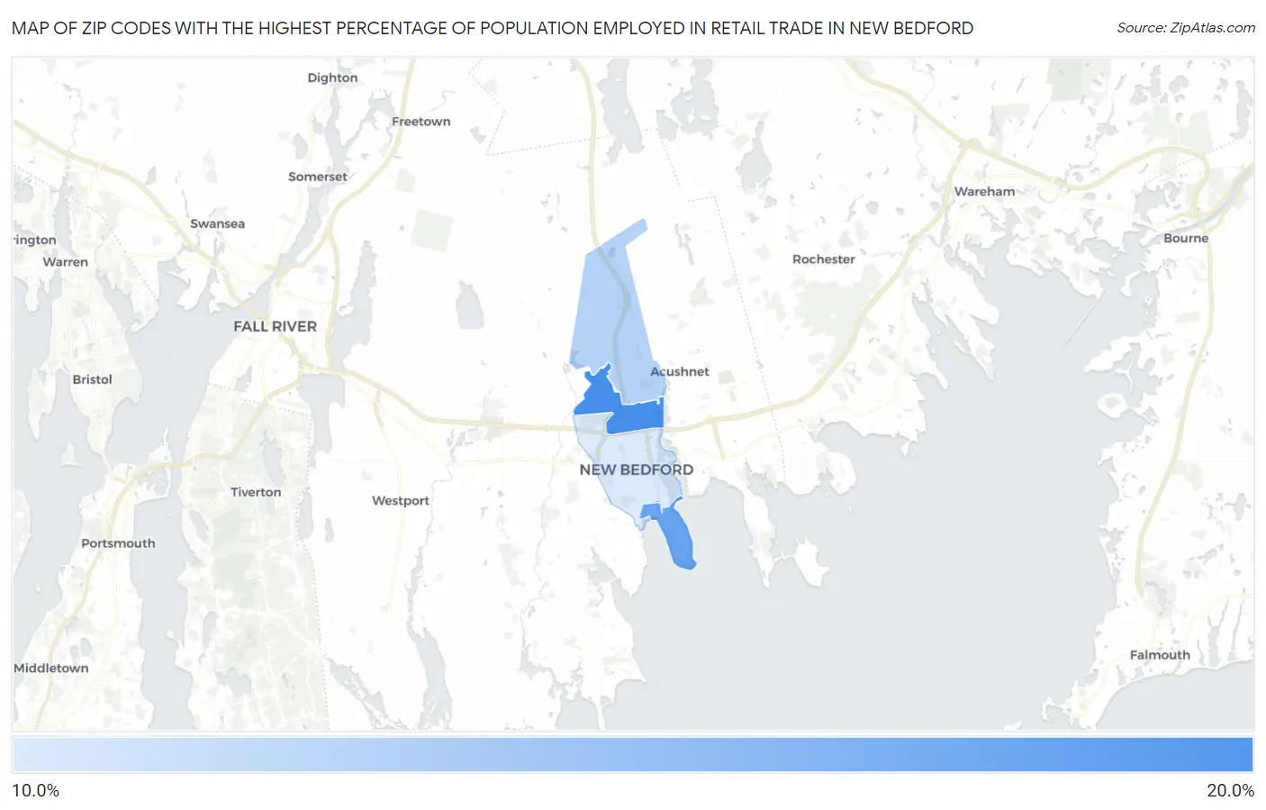Zip Codes with the Highest Percentage of Population Employed in Retail Trade in New Bedford Map