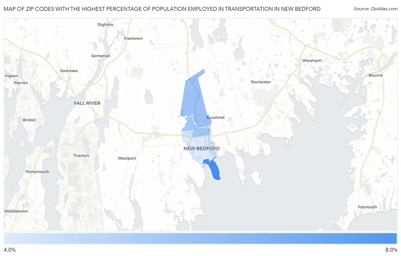 Zip Codes with the Highest Percentage of Population Employed in Transportation in New Bedford Map