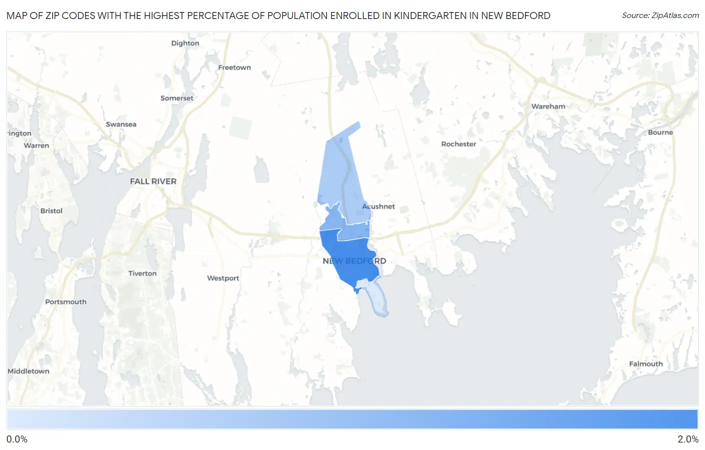 Zip Codes with the Highest Percentage of Population Enrolled in Kindergarten in New Bedford Map