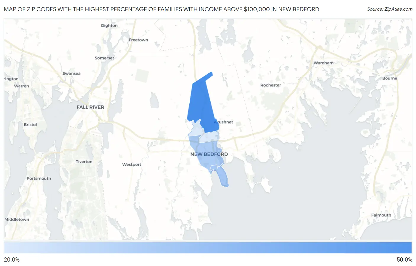 Zip Codes with the Highest Percentage of Families with Income Above $100,000 in New Bedford Map