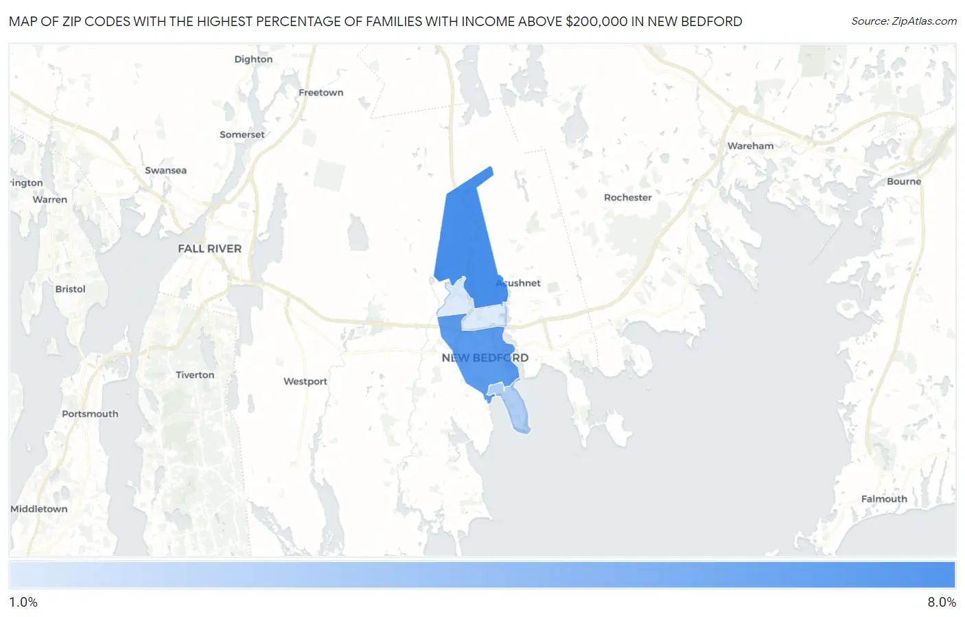 Zip Codes with the Highest Percentage of Families with Income Above $200,000 in New Bedford Map