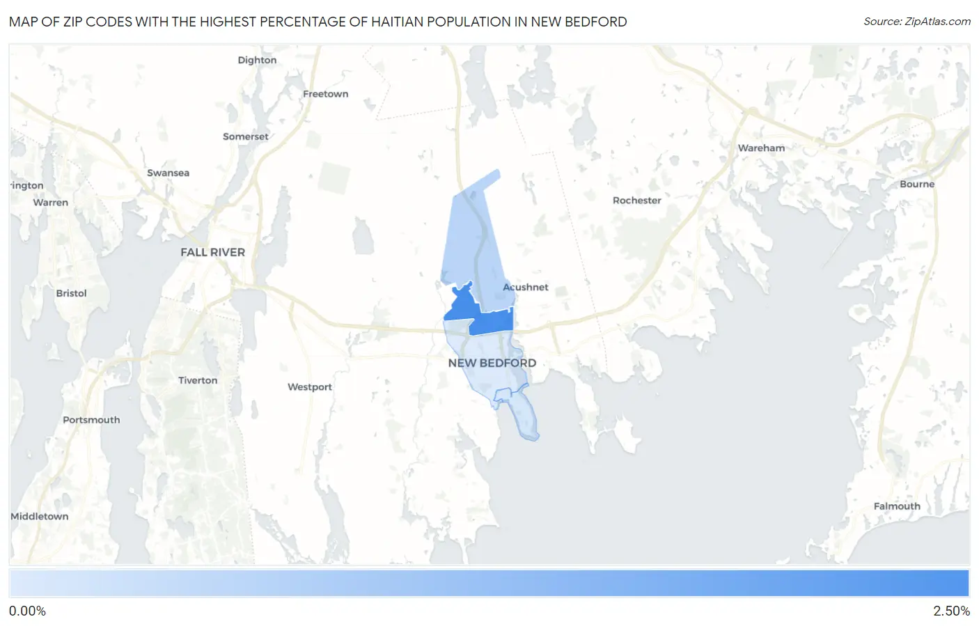 Zip Codes with the Highest Percentage of Haitian Population in New Bedford Map