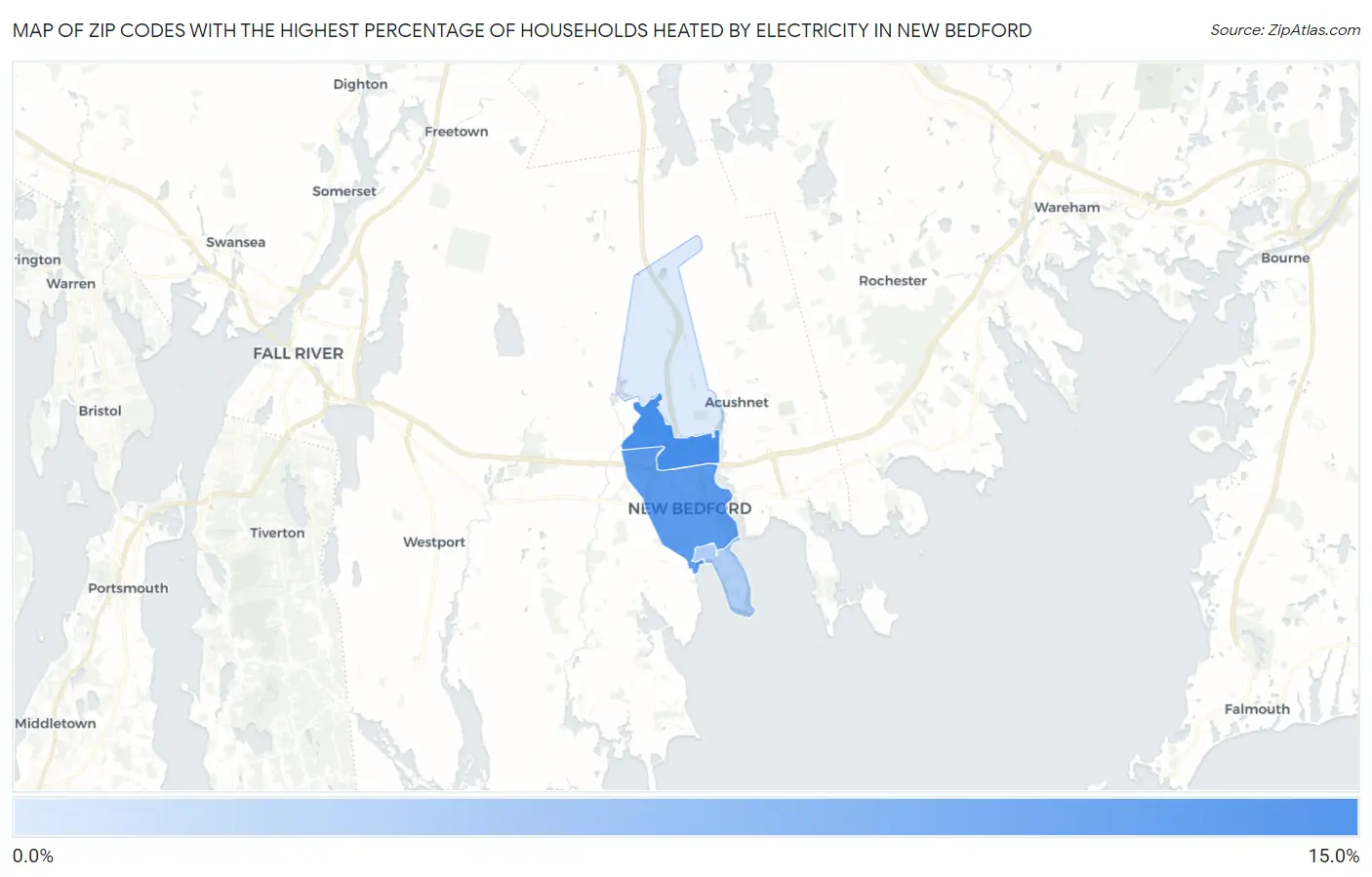 Zip Codes with the Highest Percentage of Households Heated by Electricity in New Bedford Map