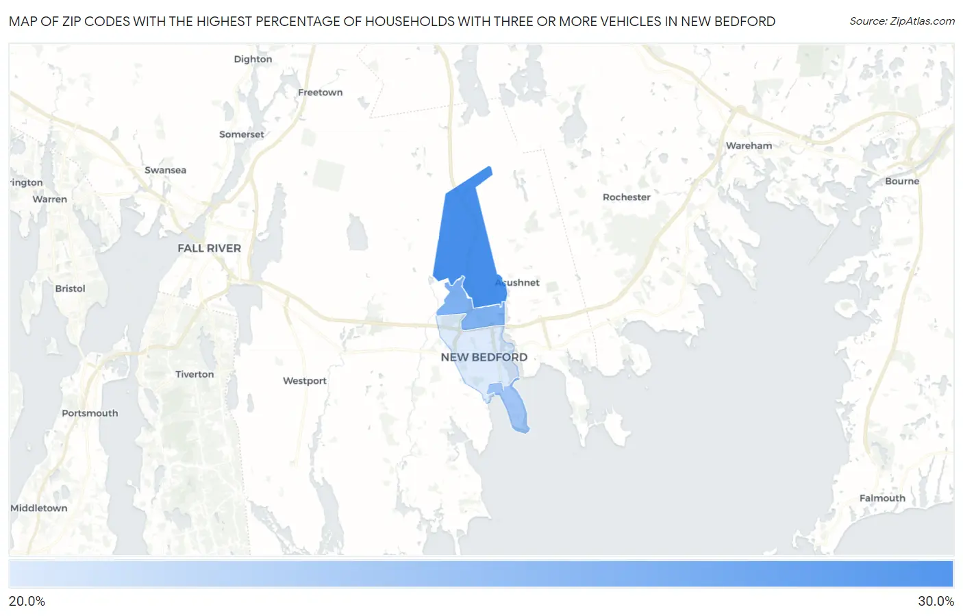 Zip Codes with the Highest Percentage of Households With Three or more Vehicles in New Bedford Map