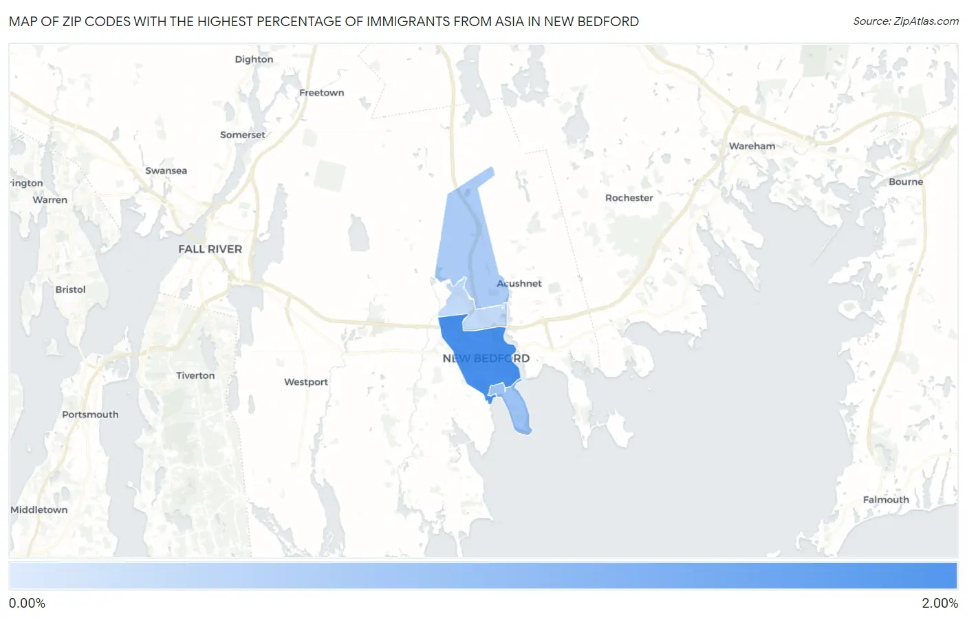 Zip Codes with the Highest Percentage of Immigrants from Asia in New Bedford Map