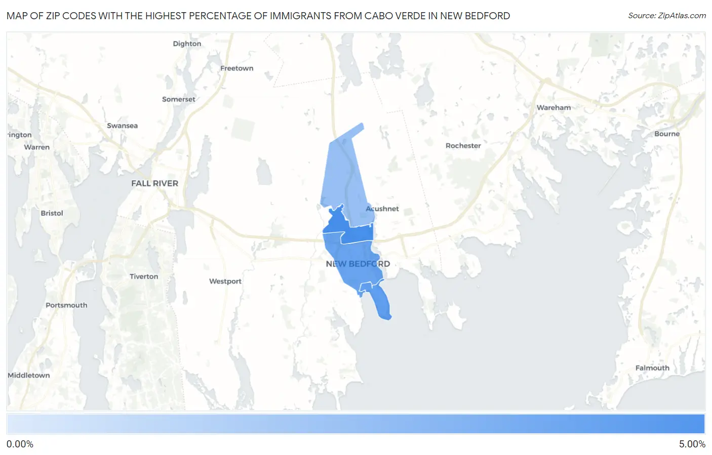 Zip Codes with the Highest Percentage of Immigrants from Cabo Verde in New Bedford Map