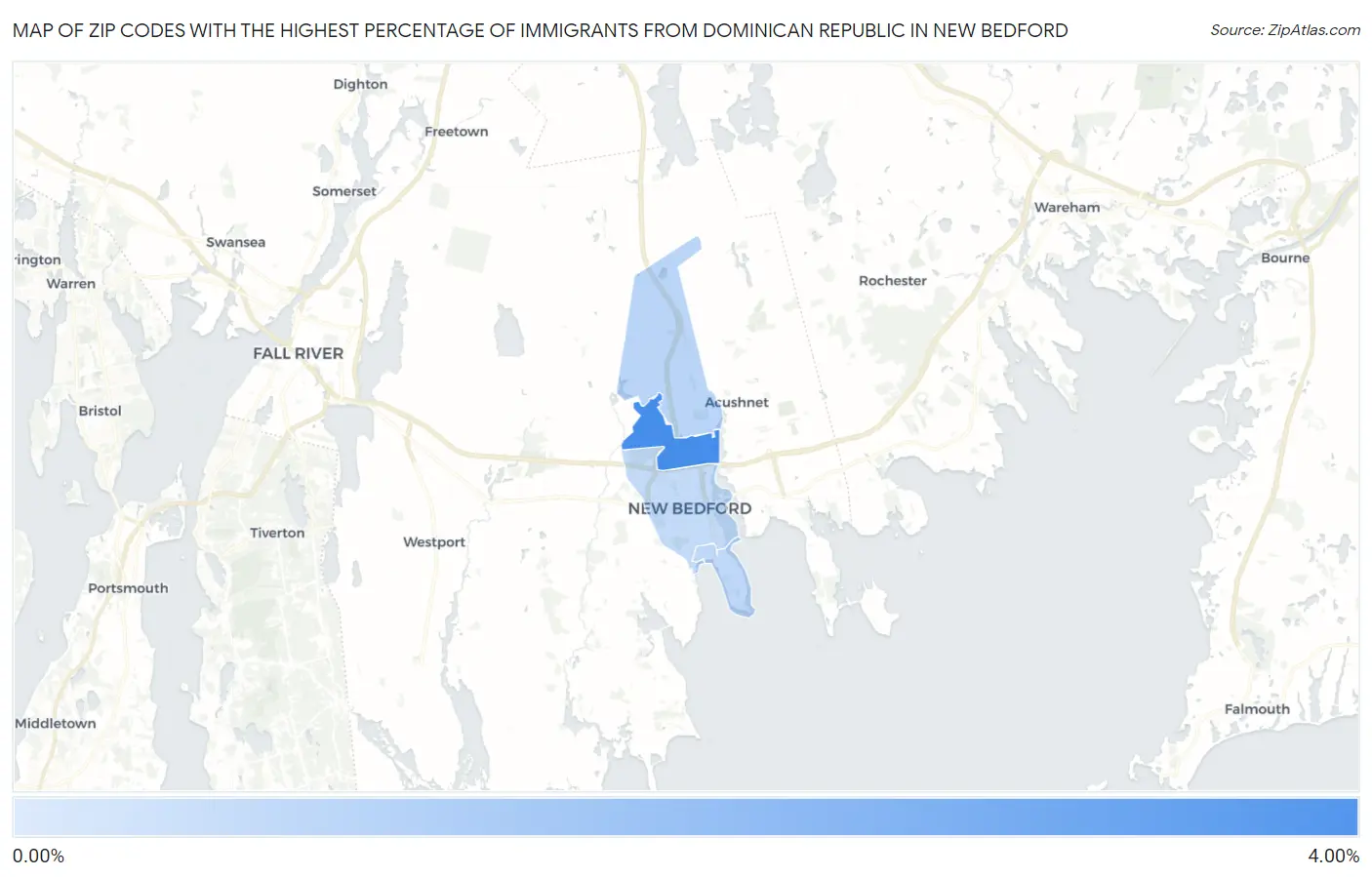 Zip Codes with the Highest Percentage of Immigrants from Dominican Republic in New Bedford Map