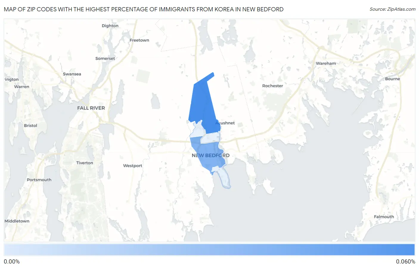 Zip Codes with the Highest Percentage of Immigrants from Korea in New Bedford Map