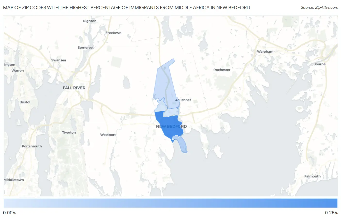 Zip Codes with the Highest Percentage of Immigrants from Middle Africa in New Bedford Map