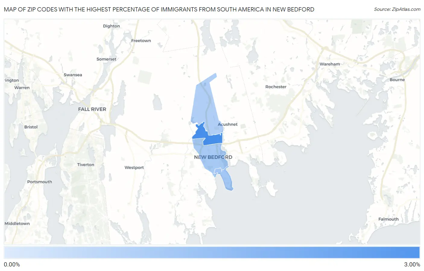 Zip Codes with the Highest Percentage of Immigrants from South America in New Bedford Map