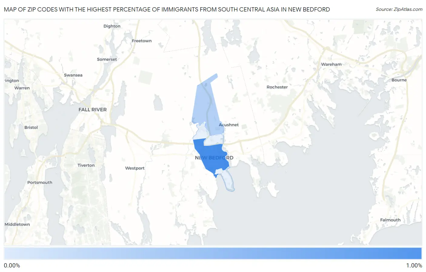 Zip Codes with the Highest Percentage of Immigrants from South Central Asia in New Bedford Map
