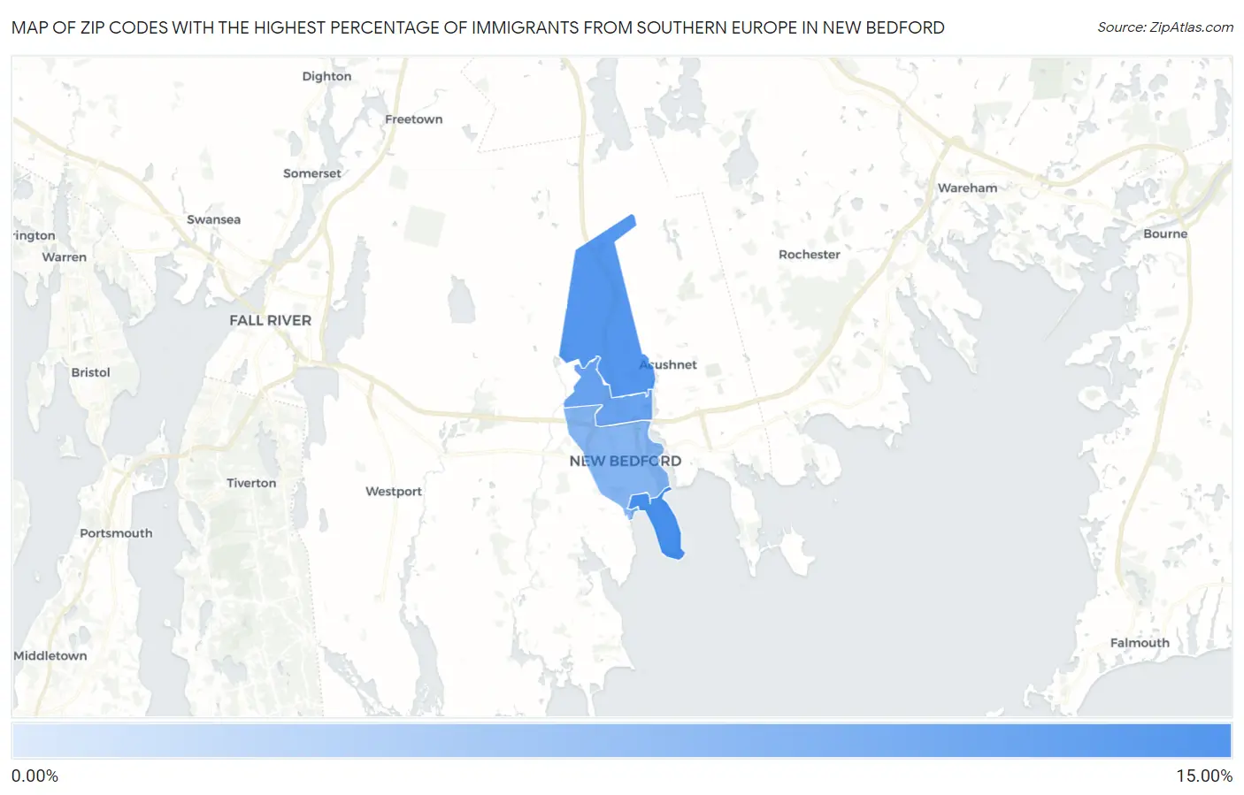 Zip Codes with the Highest Percentage of Immigrants from Southern Europe in New Bedford Map