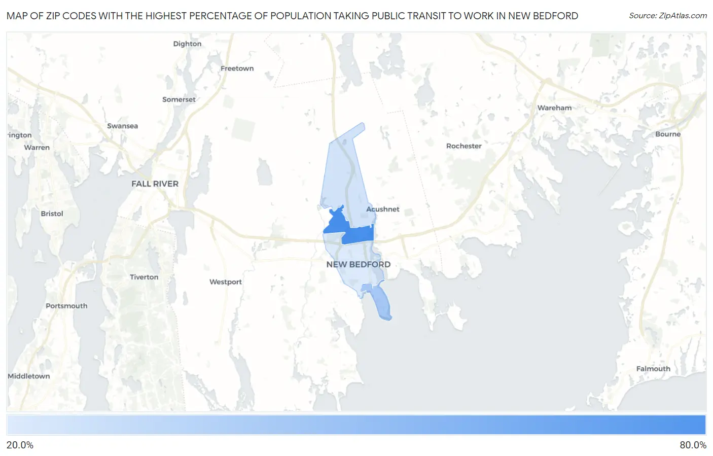 Zip Codes with the Highest Percentage of Population Taking Public Transit to Work in New Bedford Map