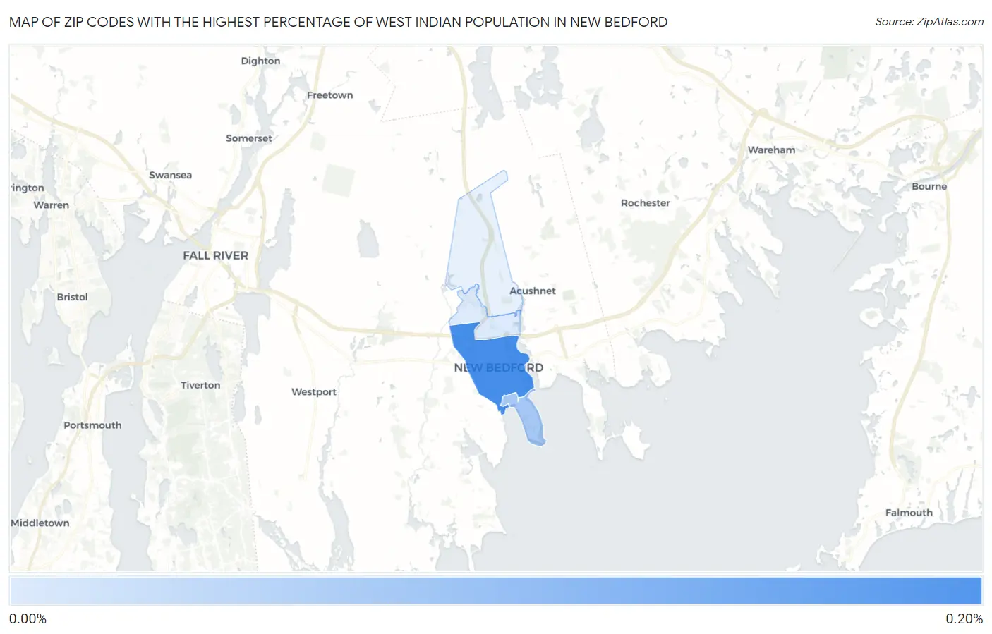 Zip Codes with the Highest Percentage of West Indian Population in New Bedford Map