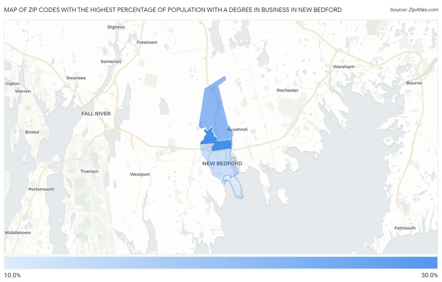 Zip Codes with the Highest Percentage of Population with a Degree in Business in New Bedford Map