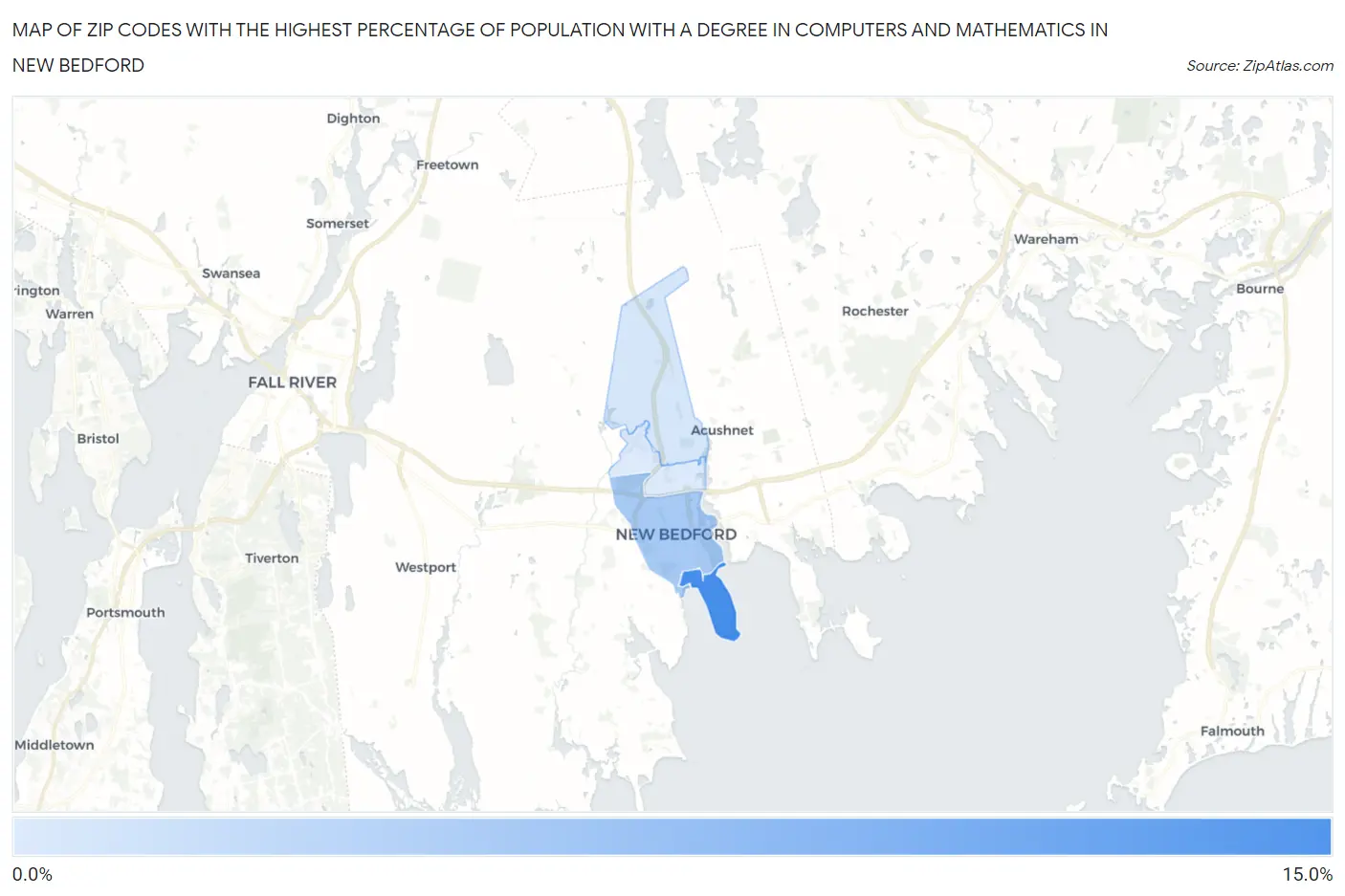 Zip Codes with the Highest Percentage of Population with a Degree in Computers and Mathematics in New Bedford Map