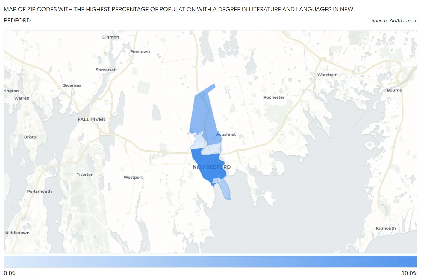 Zip Codes with the Highest Percentage of Population with a Degree in Literature and Languages in New Bedford Map