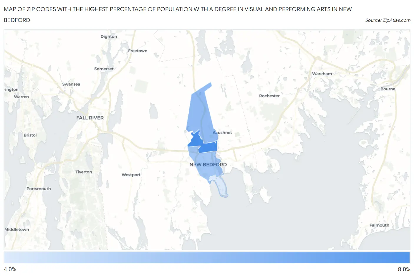 Zip Codes with the Highest Percentage of Population with a Degree in Visual and Performing Arts in New Bedford Map