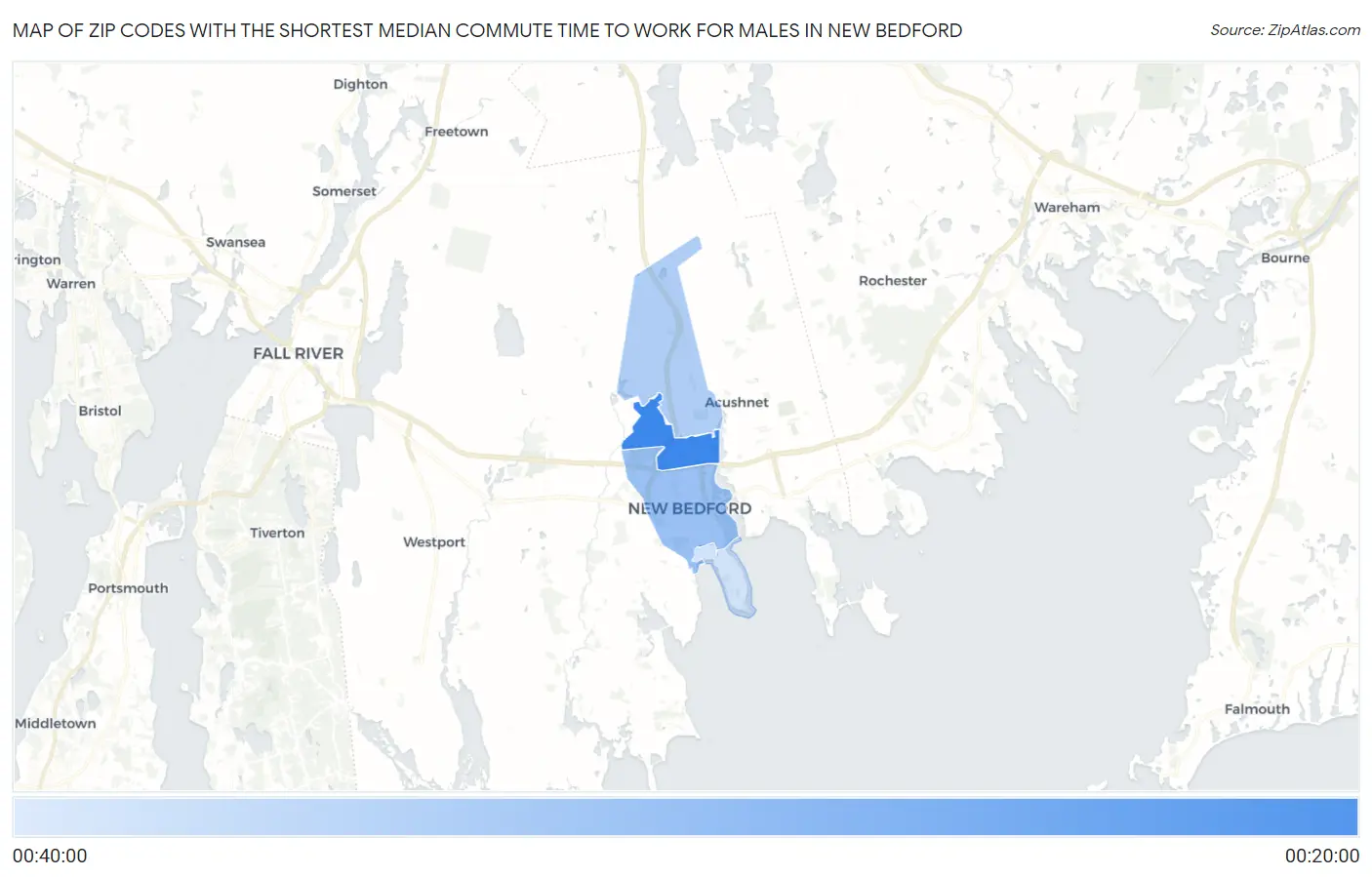 Zip Codes with the Shortest Median Commute Time to Work for Males in New Bedford Map