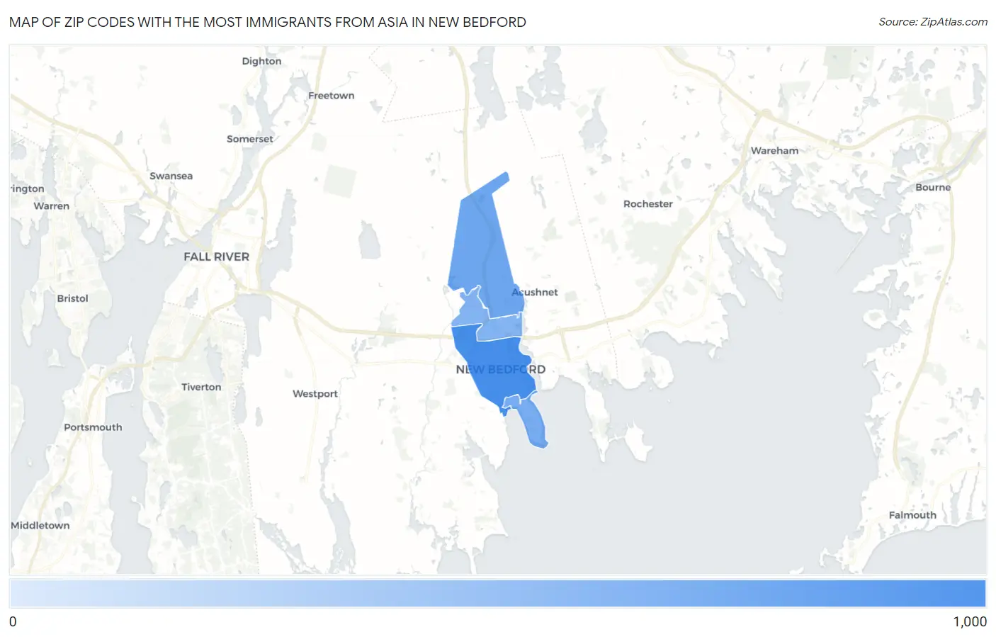 Zip Codes with the Most Immigrants from Asia in New Bedford Map