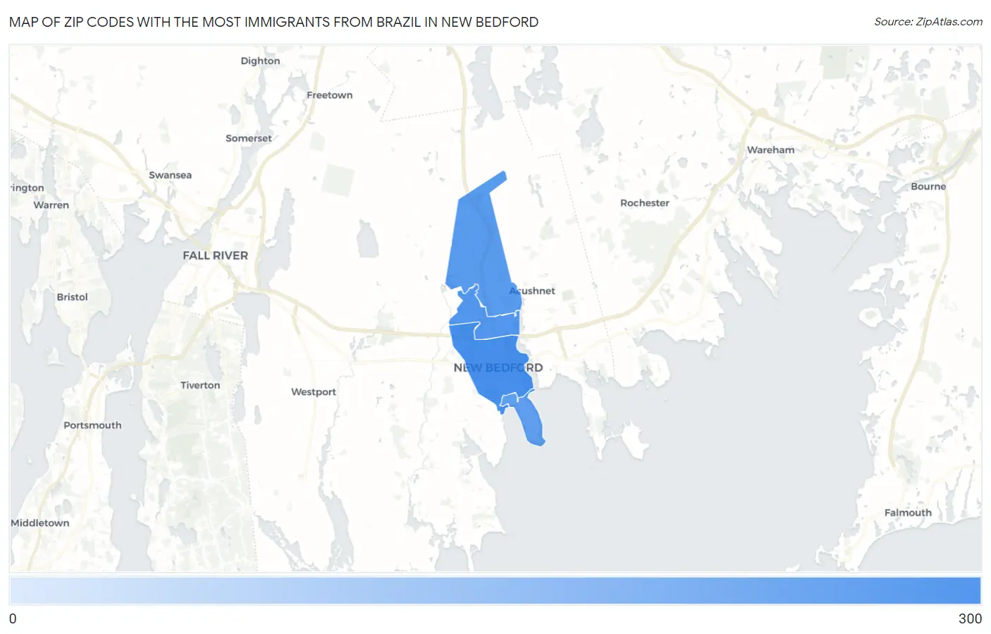 Zip Codes with the Most Immigrants from Brazil in New Bedford Map