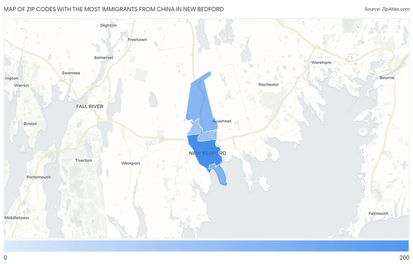 Zip Codes with the Most Immigrants from China in New Bedford Map