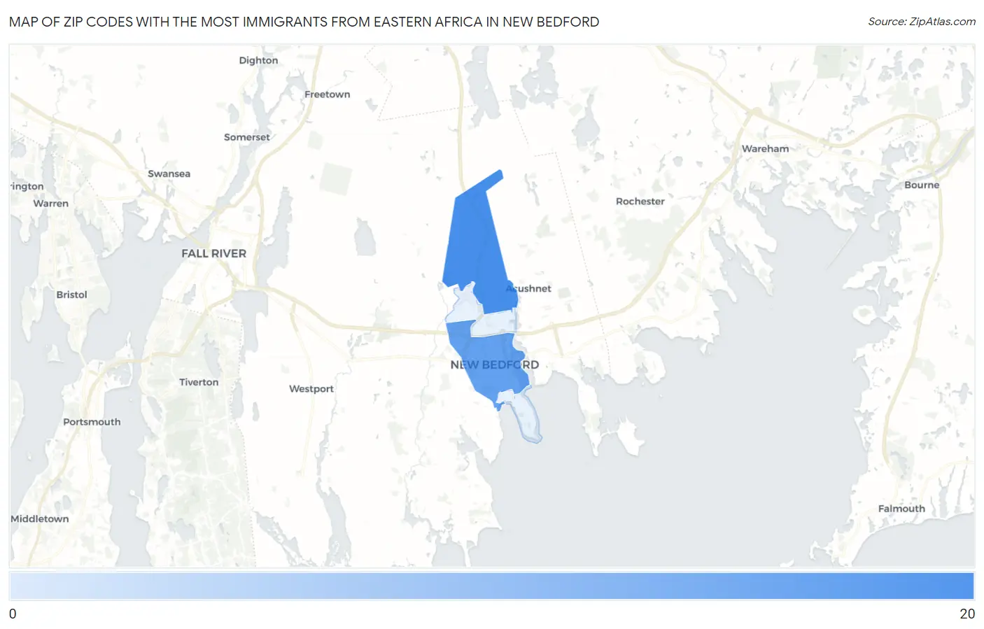Zip Codes with the Most Immigrants from Eastern Africa in New Bedford Map