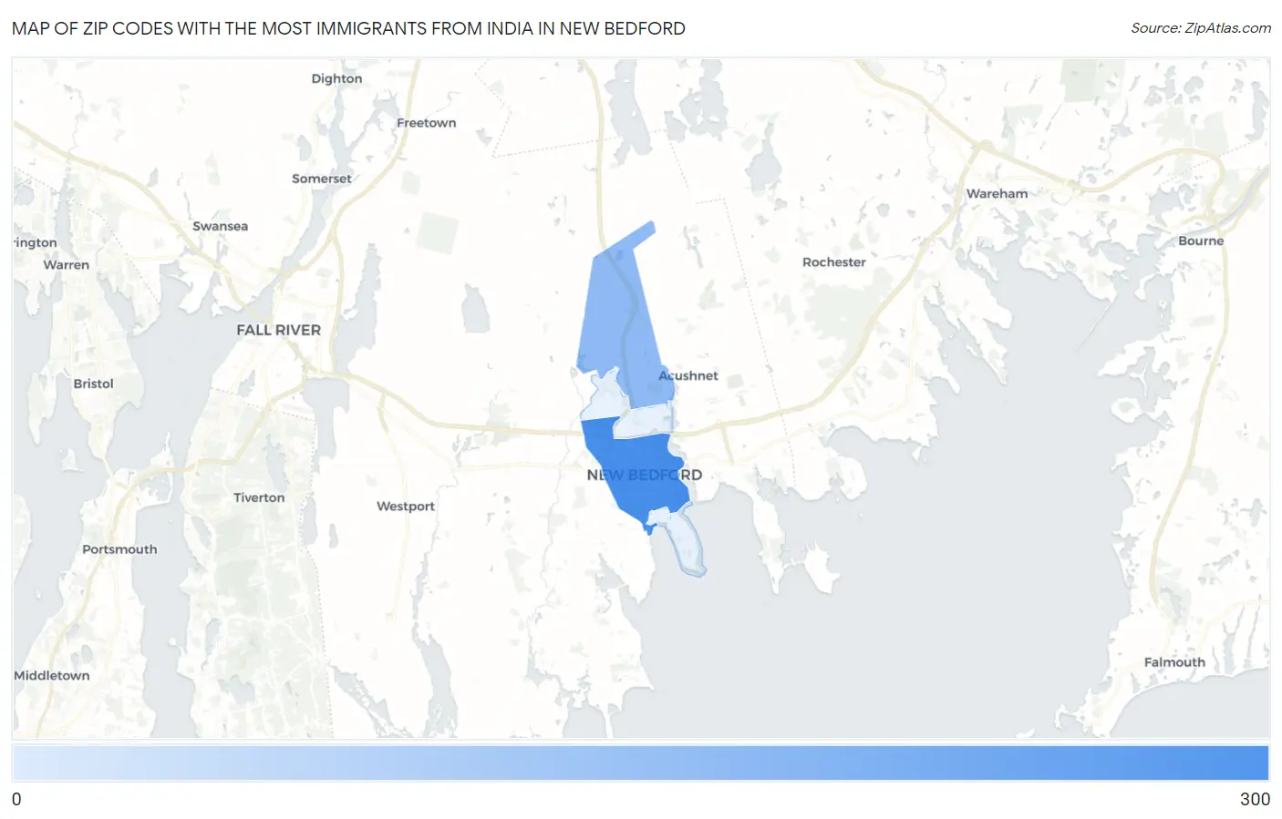 Zip Codes with the Most Immigrants from India in New Bedford Map