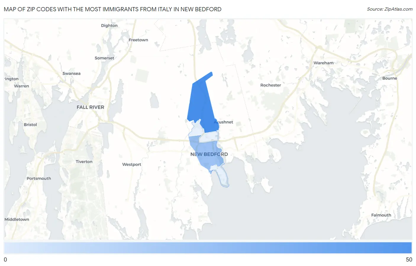 Zip Codes with the Most Immigrants from Italy in New Bedford Map