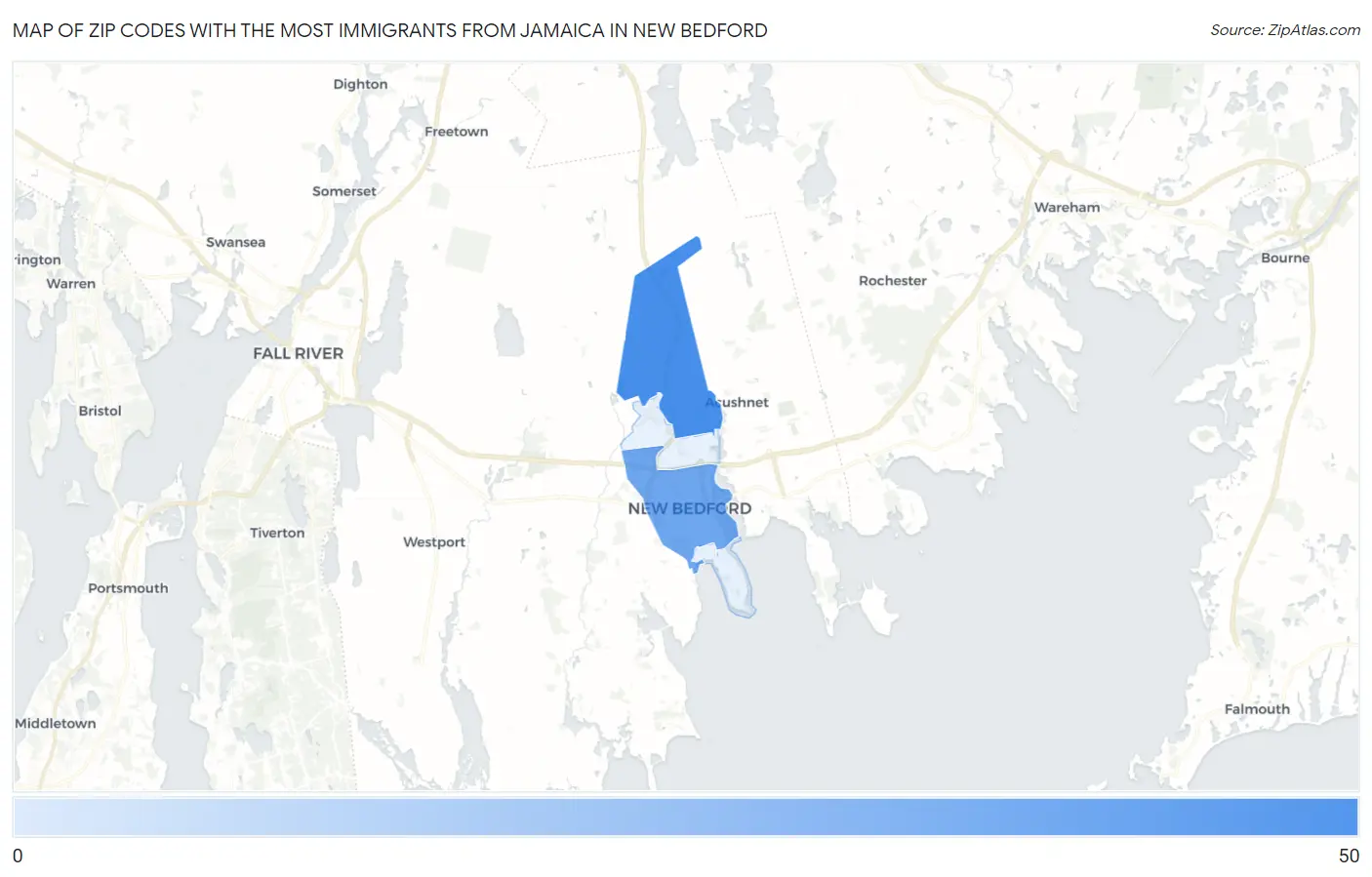Zip Codes with the Most Immigrants from Jamaica in New Bedford Map