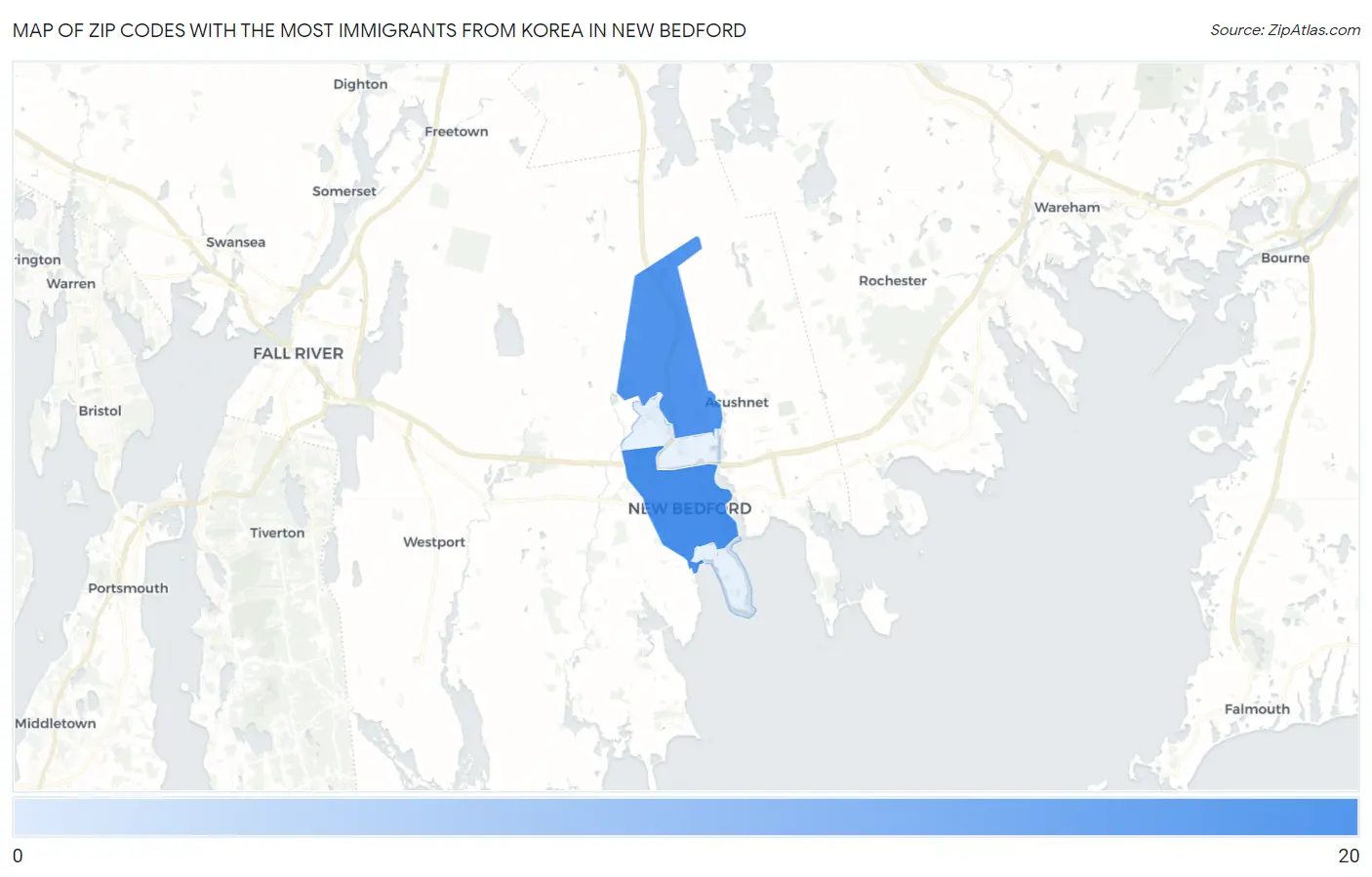 Zip Codes with the Most Immigrants from Korea in New Bedford Map