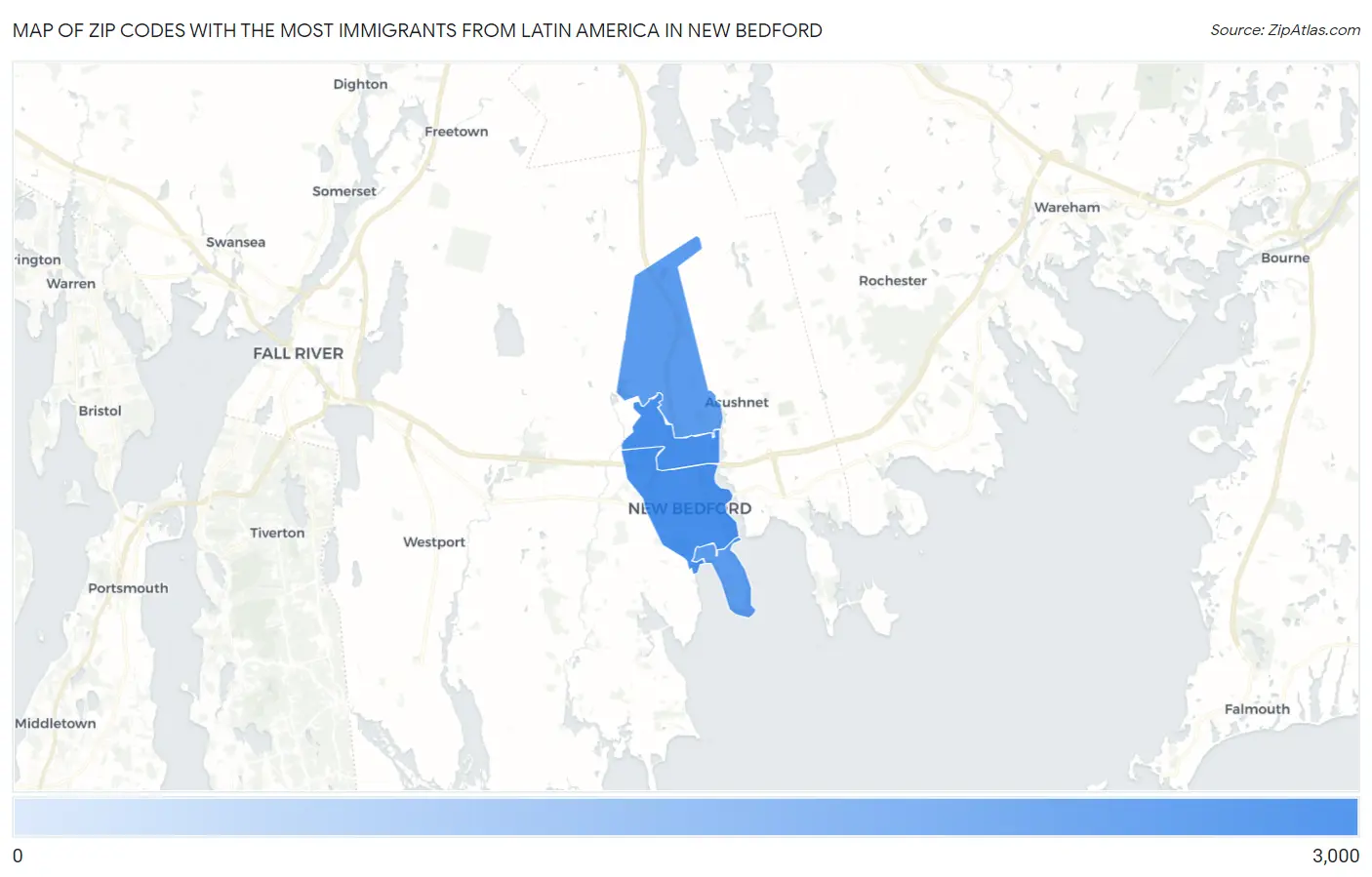Zip Codes with the Most Immigrants from Latin America in New Bedford Map