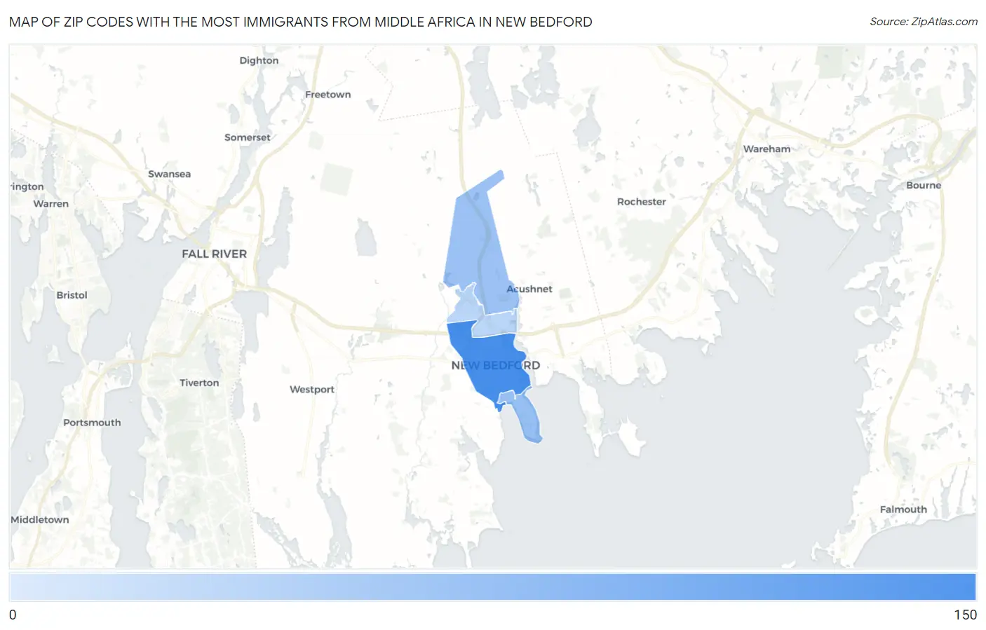 Zip Codes with the Most Immigrants from Middle Africa in New Bedford Map