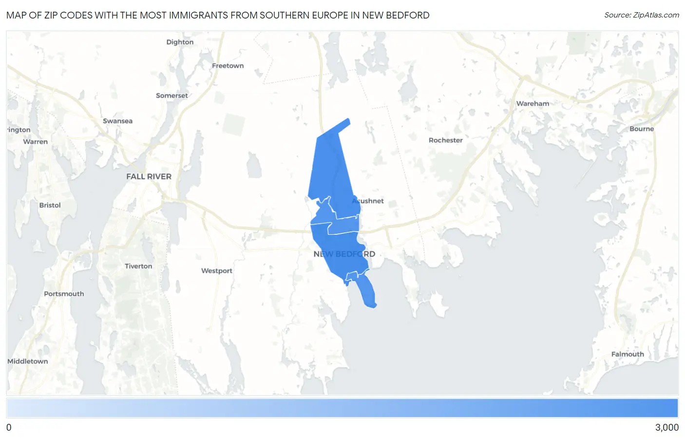 Zip Codes with the Most Immigrants from Southern Europe in New Bedford Map