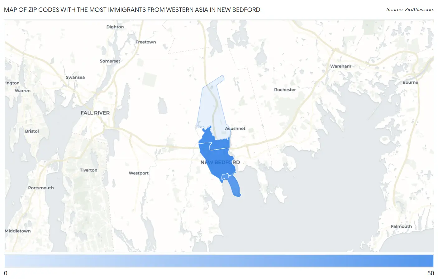 Zip Codes with the Most Immigrants from Western Asia in New Bedford Map