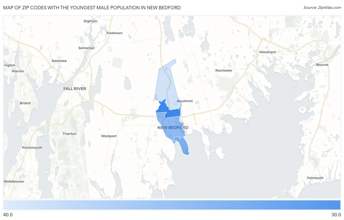 Zip Codes with the Youngest Male Population in New Bedford Map