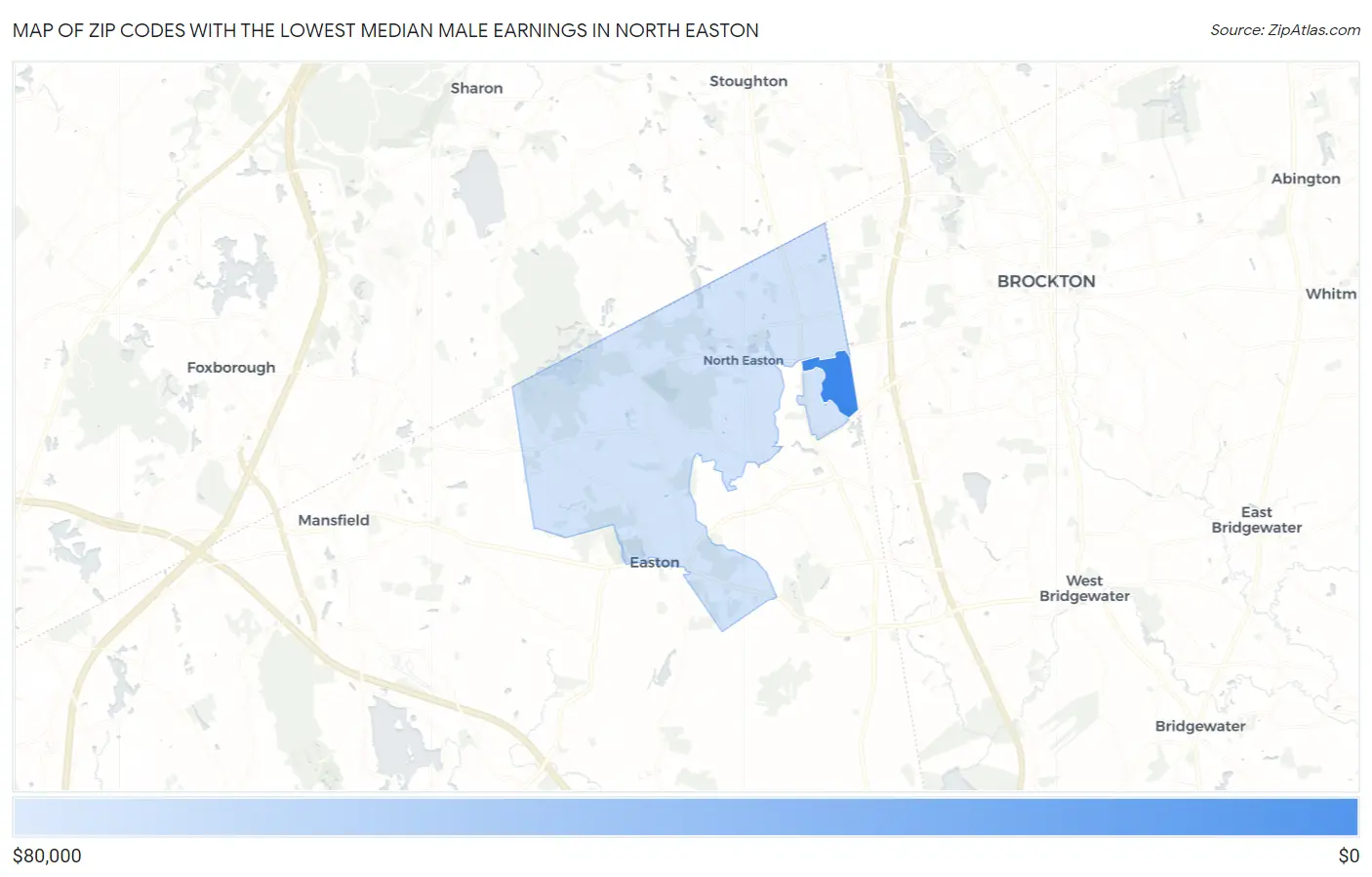Zip Codes with the Lowest Median Male Earnings in North Easton Map