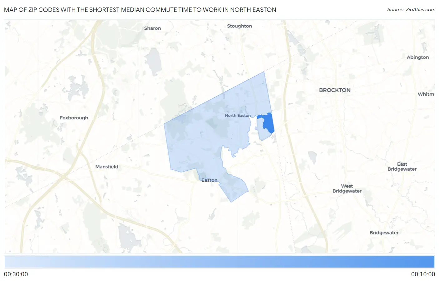 Zip Codes with the Shortest Median Commute Time to Work in North Easton Map