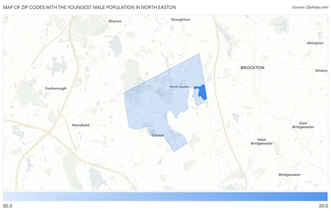 Zip Codes with the Youngest Male Population in North Easton Map