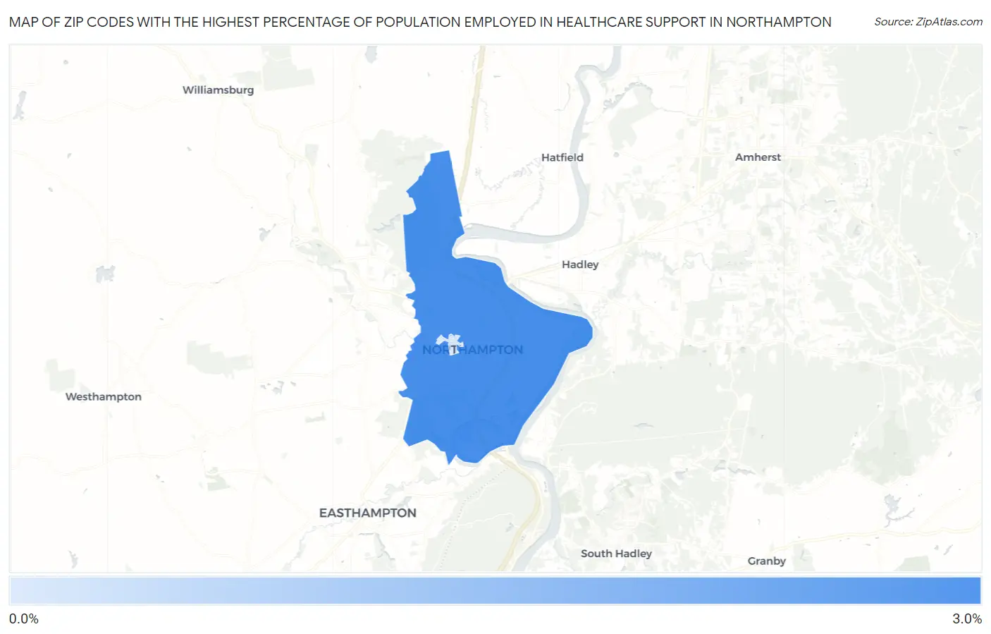 Zip Codes with the Highest Percentage of Population Employed in Healthcare Support in Northampton Map