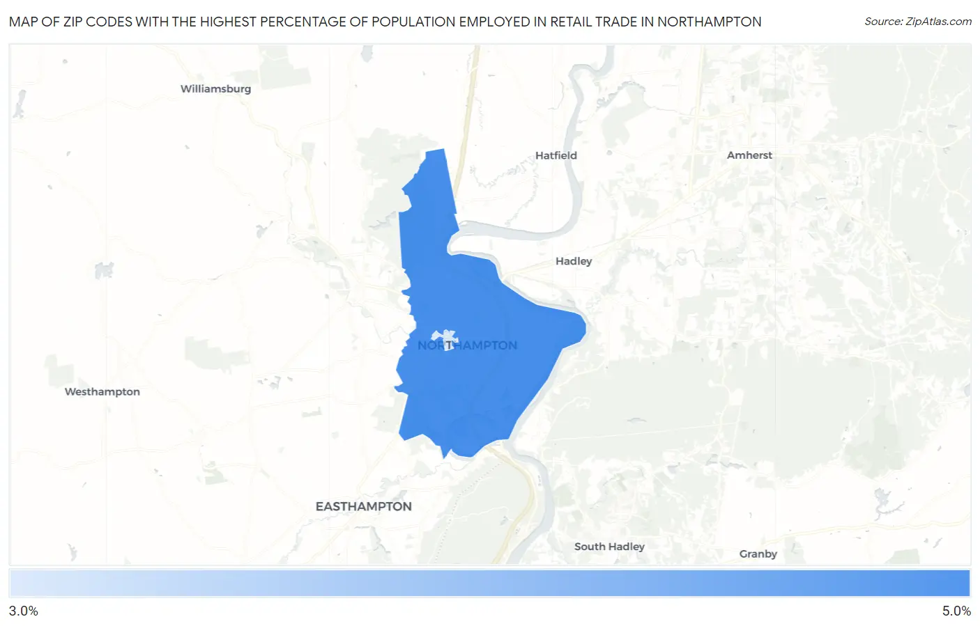 Zip Codes with the Highest Percentage of Population Employed in Retail Trade in Northampton Map