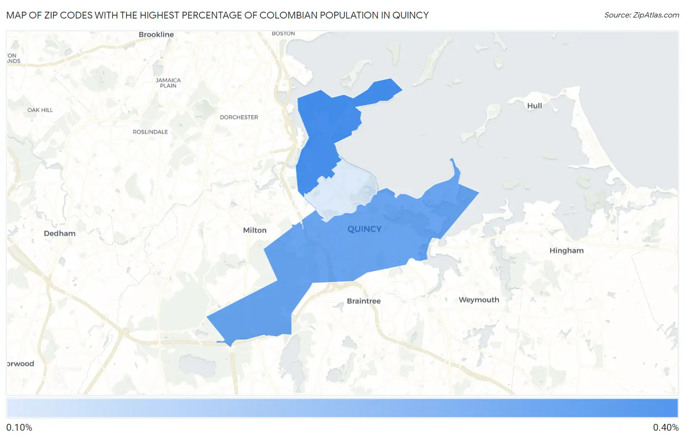 Zip Codes with the Highest Percentage of Colombian Population in Quincy Map