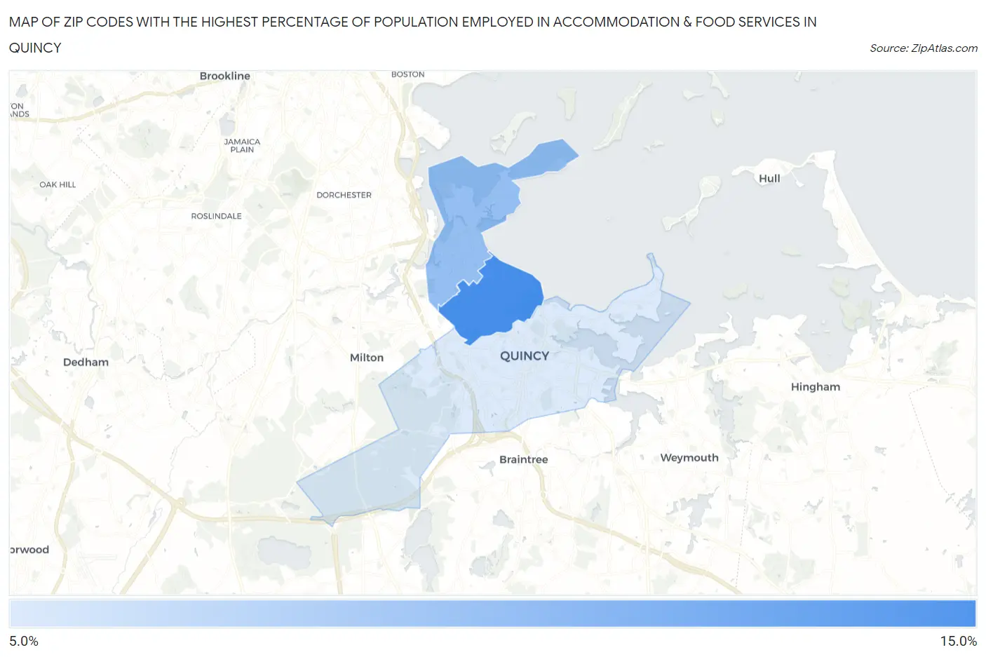 Zip Codes with the Highest Percentage of Population Employed in Accommodation & Food Services in Quincy Map