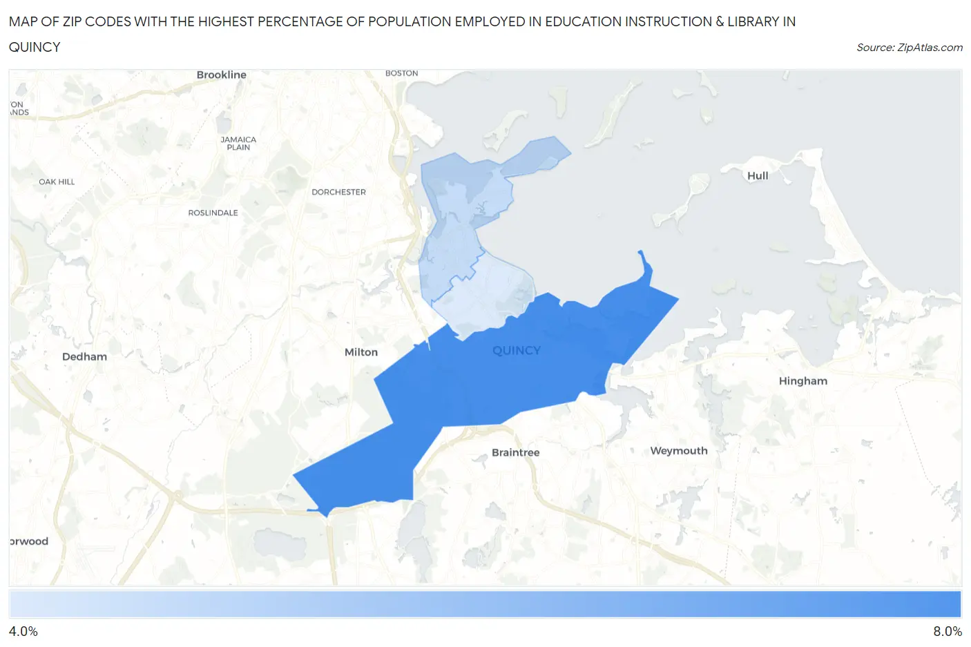 Zip Codes with the Highest Percentage of Population Employed in Education Instruction & Library in Quincy Map
