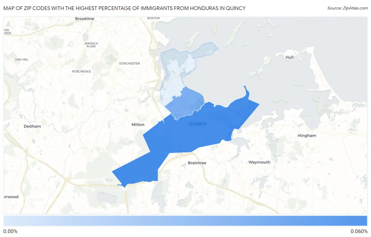 Zip Codes with the Highest Percentage of Immigrants from Honduras in Quincy Map