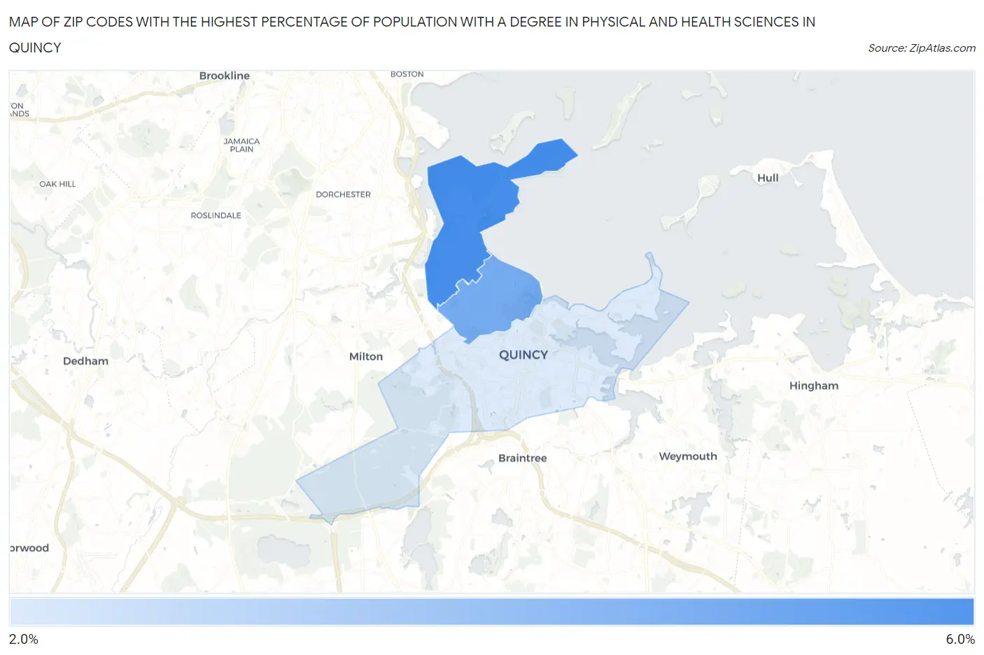 Zip Codes with the Highest Percentage of Population with a Degree in Physical and Health Sciences in Quincy Map